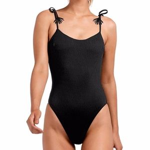 Black Ribbed One Piece Shoulder Tie Swimsuit